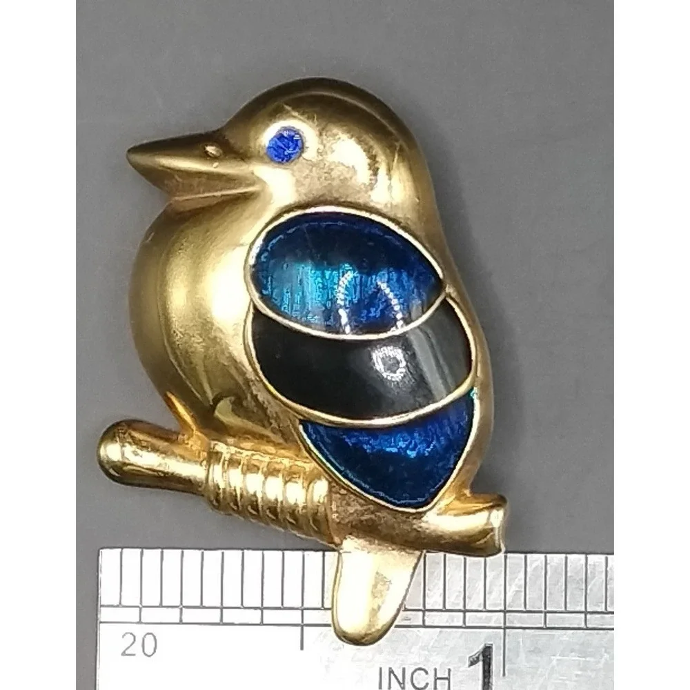 Goldtone ROMAN Jewelry Bird Brooch‎ Pin Blue Enamel
